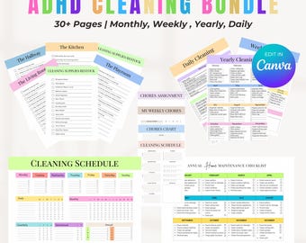 May include: ADHD Cleaning Bundle with 30+ pages for monthly, weekly, yearly, and daily cleaning. Includes checklists for the kitchen, playroom, and more. Features a cleaning schedule and chore assignments. Works with Goodnotes.