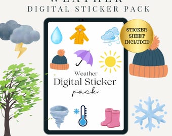 May include: A digital sticker pack with weather-themed illustrations. The image features a tablet displaying various weather icons, including a sun, rain, umbrella, and a beanie. The text on the tablet reads "Weather Digital Sticker pack". A gold sticker says "Sticker Sheet Included".