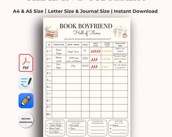 Book Boyfriend Tracker | Romance Reading Journal Insert | Digital Reading Tracker PDF | GoodNotes Book Journal A4 A5