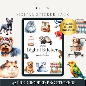 May include: A digital sticker pack featuring 42 pre-cropped PNG stickers of various pets, including a cat, dog, bird, fish, and a hamster. The stickers are in a watercolor style and are perfect for adding a touch of whimsy to your projects.