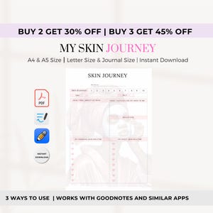 May include: A printable digital planner for tracking skin care progress. The planner includes sections for skin evolution, morning and night routines, and solutions. The planner is available in A4 and A5 sizes and is compatible with Goodnotes and similar apps.