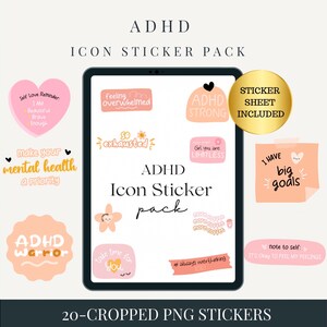 May include: A digital tablet screen displaying a set of 20 pink and orange digital stickers with motivational phrases for people with ADHD. The stickers include phrases like "ADHD Strong", "Girl you are Limitless", "I have big goals", and "ADHD Warrior".