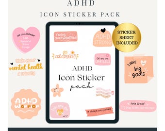 May include: A digital tablet screen displaying a set of 20 pink and orange digital stickers with motivational phrases for people with ADHD. The stickers include phrases like "ADHD Strong", "Girl you are Limitless", "I have big goals", and "ADHD Warrior".