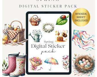 Op de afbeelding: Een digitale stickerset met 24 voorgeknipte PNG-stickers met lentethema's. De stickers bevatten een picknickmand, een krans, een bijenkorf, een lieveheersbeestje, een vlieger, een gieter, een boeket bloemen, een regenboogparaplu, een nest met eieren en regenlaarzen.