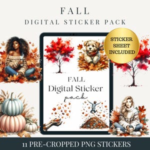 May include: A digital sticker pack with a fall theme. The image features illustrations of autumn leaves, trees, pumpkins, and people. The text on the image reads "FALL DIGITAL STICKER PACK" and "11 PRE-CROPPED PNG STICKERS". A gold sticker says "STICKER SHEET INCLUDED".