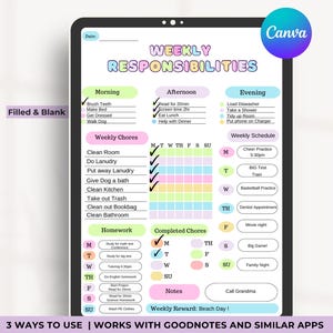 May include: A printable weekly responsibility planner with a colorful design. The planner includes sections for morning, afternoon, and evening routines, as well as weekly chores and a schedule. The planner is designed to be used with Goodnotes and similar apps.