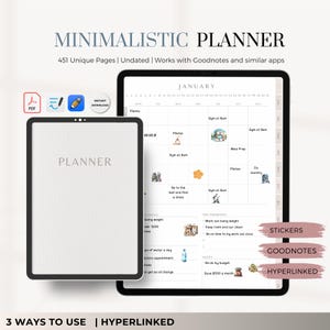 Pode incluir: Um aplicativo de planejamento digital na tela de um tablet com um design minimalista. O aplicativo inclui um calendário, uma lista de tarefas e uma seção de notas. O aplicativo é projetado para ser usado com uma caneta digital e é compatível com Goodnotes e aplicativos semelhantes. O aplicativo está disponível para download instantâneo como PDF.