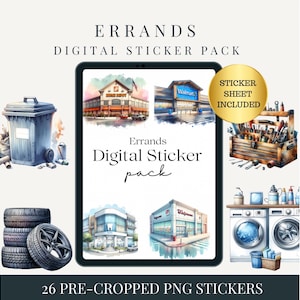 May include: Digital sticker pack featuring illustrations of errands, including a Home Depot, Walmart, Walgreens, and a dentist's office. The pack also includes a trash can, tires, a toolbox, and a washing machine. The text reads "Errands Digital Sticker Pack".