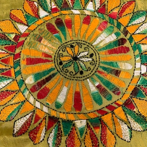 Bengals Traditional Hand Embroidery Kantha stitch Saree Hansa Yellow Color With Multiple Colors Threads design with running blouse piece.
