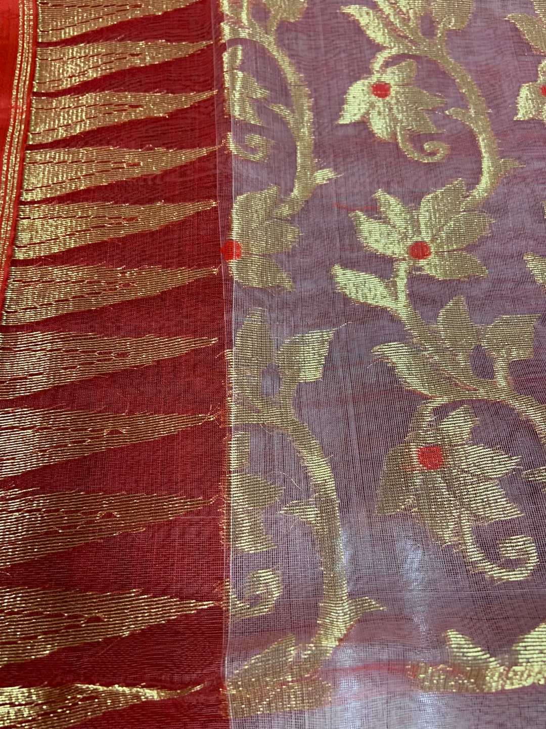 Fuchsia Muslin Saree with Golden Stripes main image 0