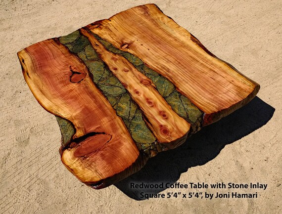 Redwood Burl Coffee Table With Stone Inlay Driftwood Base Image 0