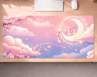 Kawaii Sakura Moon Mauspad, Rosa himmlische Schreibtischmatte, Pastell Wolke Mousepad