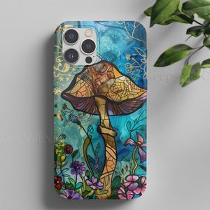 Mushroom stained glass mosaic aesthetic phone case for iPhone 11 12 13 14 15 16 Pro Max, Samsung Galaxy S24 S23 S22 Ultra, Cottagecore Gift
