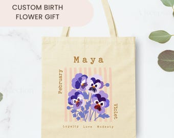 Personalized Maid of Honor Tote Bag, February Birth Flower Gift, Striped Floral Wedding Tote