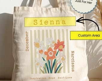 Personalized Bridal Party Name Tote Bag, December Birth Flower Striped Floral Wedding Tote