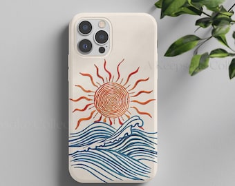 Funda para teléfono con sol y olas bordadas: funda protectora de doble capa para iPhone