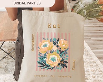 Personalized Bridesmaid Name Tote Bag, November Birth Flower Floral Wedding Gift