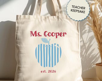 Personalized Teacher Tote Bag, Custom Blue Stripe Apple Teacher Name Est 2026 Tote, Teacher Appreciation Gift for Teachers