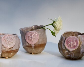 Three Small Clay Flower Pots - Pink Glaze over Earthy Brown Clay - Gift Idea - Home Decor - Handmade Pottery by Cherie Giampietro