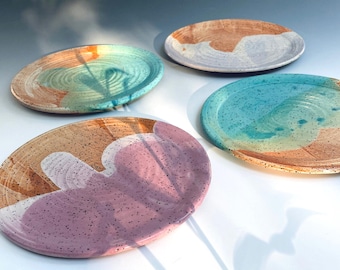 Speckled Pottery Plates: Handmade Rustic Dinnerware, Warm Tan and Pastel Colors, Set of 4, 10 Inch Diameter