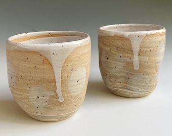 Earth Tone Handmade Ceramic Cups: Set of 2 Dimpled Tumblers, 10 Ounce Capacity, Swirling Clay Patterns & White Glaze