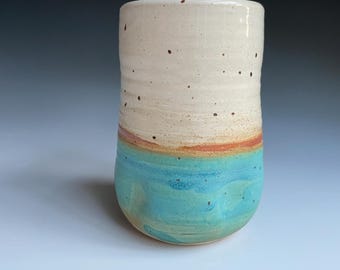 Handmade Pottery Tumbler: Turquoise-blue & White Glazes on Speckled Clay with Revealed Natural Clay, 16 oz, Tall, Ceramic Dimpled Cup