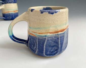 Carved Pottery Mug in White and Blues - Handmade Tea Mug - 10 Ounce Coffee Mug - Wheel Thrown Ceramics by Cherie Giampietro