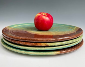 4 Large Dinner Plates in Moss Green and Amber Red - 10.5 Inch Round - Nature's Colors - Beautiful Handmade Ceramics by Cherie Giampietro