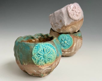 Three Pinched Clay Bowls with Flower Decoration - Turquoise Blue and Light Pink - Home Decor - Handmade Ceramics by Cherie Giampietro