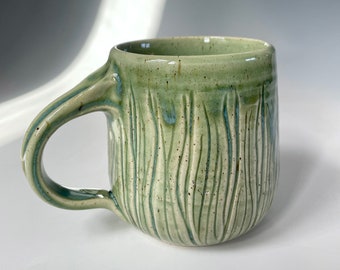 One of a Kind Mug with Incised Wavy Line Design in Celadon Green - Nature Inspired Ceramics - Handmade Pottery by Cherie Giampietro