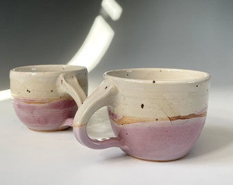 Two Ceramic Cups in Pink and White - Cappuccino Cups - Tea Cups - Wheel Thrown Pottery by Cherie Giampietro - Ceramic Design by Cherie