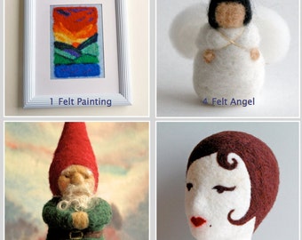 On SALE - any 3 pdf felting projects for TEN dollars - pdf Instructions: Felt Gnome, Felt Angel, Dryer Ball, Felt Painting, Felt Poupee..