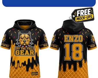 May include: A short-sleeve hoodie jersey featuring a black and gold waffle-patterned design with a dripping paint effect. The front displays a bulldog graphic and the text OFF THE FIELD GEAR. The back shows the name ENZO and the number 18 in gold.
