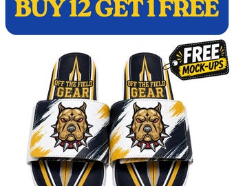 May include: A pair of slides featuring a graphic of a brown dog with a spiked collar, the text OFF THE FIELD GEAR, and a navy blue, yellow, and white color scheme. The slides have a wide strap and a molded footbed with a matching pattern.