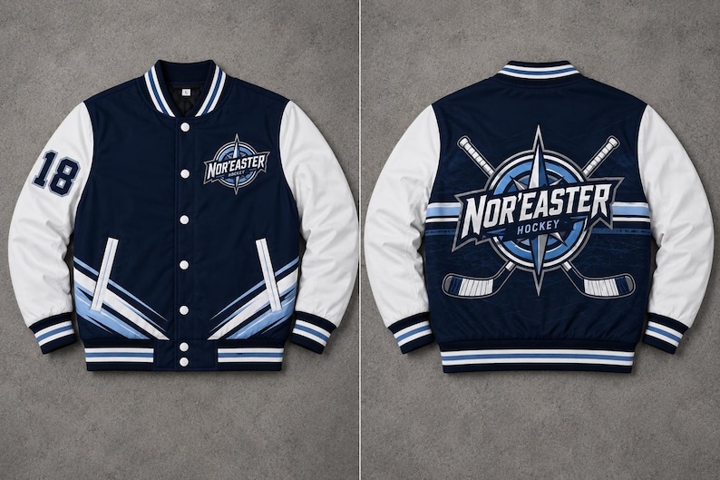 Personalized sublimated bomber jacket, custom logo team jacket, sports team outerwear, baseball softball basketball apparel, custom names numbers, school business club branded merchandise.