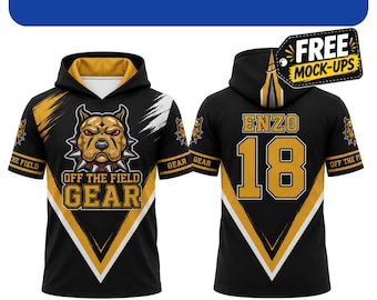 May include: A black and gold short-sleeve hoodie jersey featuring a graphic of a dog with a spiked collar and the text OFF THE FIELD GEAR on the front. The back displays the name ENZO and the number 18 in gold lettering with a black outline.