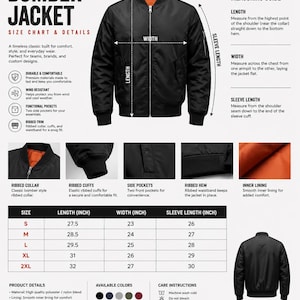 May include: A black bomber jacket with a bright orange inner lining, a full front zipper, and ribbed collar, cuffs, and hem. The image includes a size chart with measurements in inches, detailing length, width, and sleeve length for sizes S to 2XL.
