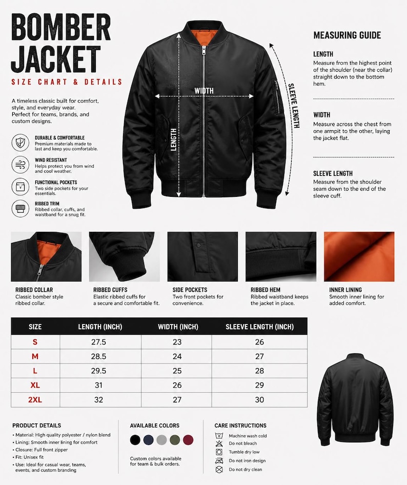 May include: A black bomber jacket with a bright orange inner lining, a full front zipper, and ribbed collar, cuffs, and hem. The image includes a size chart with measurements in inches, detailing length, width, and sleeve length for sizes S to 2XL.
