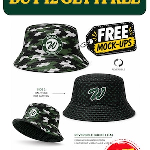 May include: A reversible bucket hat featuring a green, black, and white camouflage pattern on one side with a Wyckoff Baseball logo, and a black side with a green halftone dot pattern and a large white W logo. Text includes Reversible Bucket Hat.