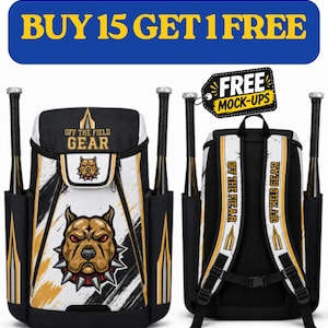 May include: A black, white, and gold backpack featuring a graphic of a dog with a spiked collar and the text OFF THE FIELD GEAR. The bag has side pockets holding baseball bats, and the shoulder straps also display the text OFF THE FIELD GEAR.