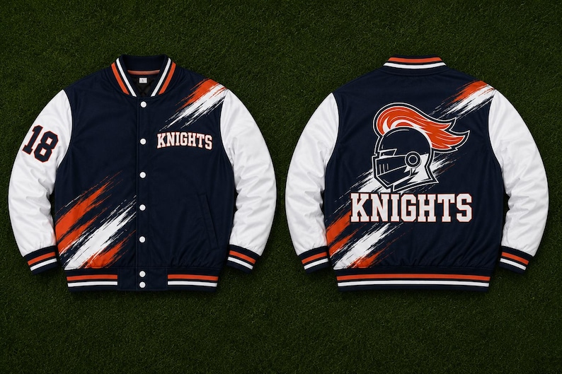 Custom sports bomber jacket, personalized team outerwear, sublimated logo jacket, baseball softball hockey soccer apparel, custom player name number, school club organization team merchandise.