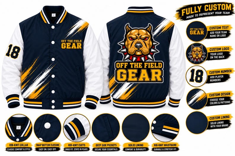 Personalized bomber jacket, custom team outerwear, sublimated jacket with logo, sports team apparel, baseball softball basketball football jacket, custom player name number team gear.