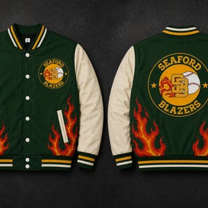 Custom logo bomber jacket, personalized team jacket, sublimated polyester outerwear, baseball softball football team apparel, custom player name number jacket, school sports team clothing.