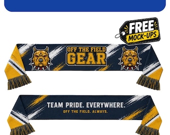 May include: A navy blue acrylic scarf with yellow and white diagonal stripes and fringe. The design features a graphic of a bulldog with a spiked collar and the text OFF THE FIELD GEAR and TEAM PRIDE. EVERYWHERE. OFF THE FIELD. ALWAYS.