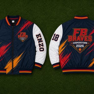 Custom team bomber jacket, personalized logo jacket, sublimated sports outerwear, custom baseball softball jacket, school team apparel, player name number jacket, branded team merchandise.