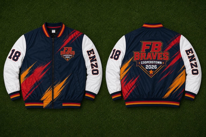 Custom team bomber jacket, personalized logo jacket, sublimated sports outerwear, custom baseball softball jacket, school team apparel, player name number jacket, branded team merchandise.