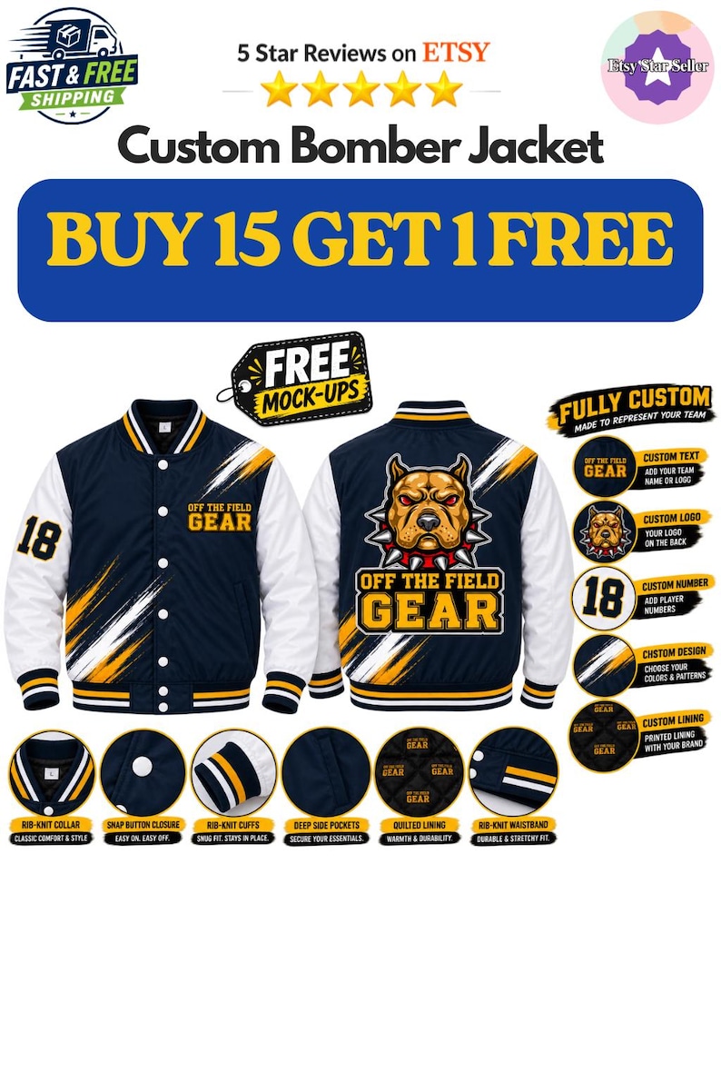 Custom bomber jacket, personalized team jacket, sublimated sports jacket, custom logo outerwear, baseball softball team apparel, player name number jacket, custom school varsity team gear.