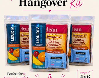 Pode incluir: Três bolsas iridescentes rotuladas como Hangover Kit, cada uma contendo uma mistura de eletrólitos Liquid I.V. Tropical Punch, um pacote de vitamina C Emergen-C Super Orange e um lenço demaquilante Neutrogena. Texto: 5 ESSENTIALS INSIDE!