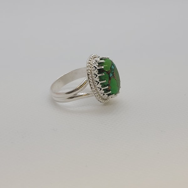 Handmade Green Copper Turquoise Gemstone, Oval Shape, Sterling Silver Ring, Crown Bezel, Solid Sterling Silver, December Birthstone