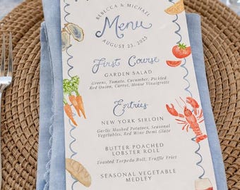 Plantilla de menú para bodas costeras, acuarela pintada a mano, diseño editable en Canva (descarga instantánea)